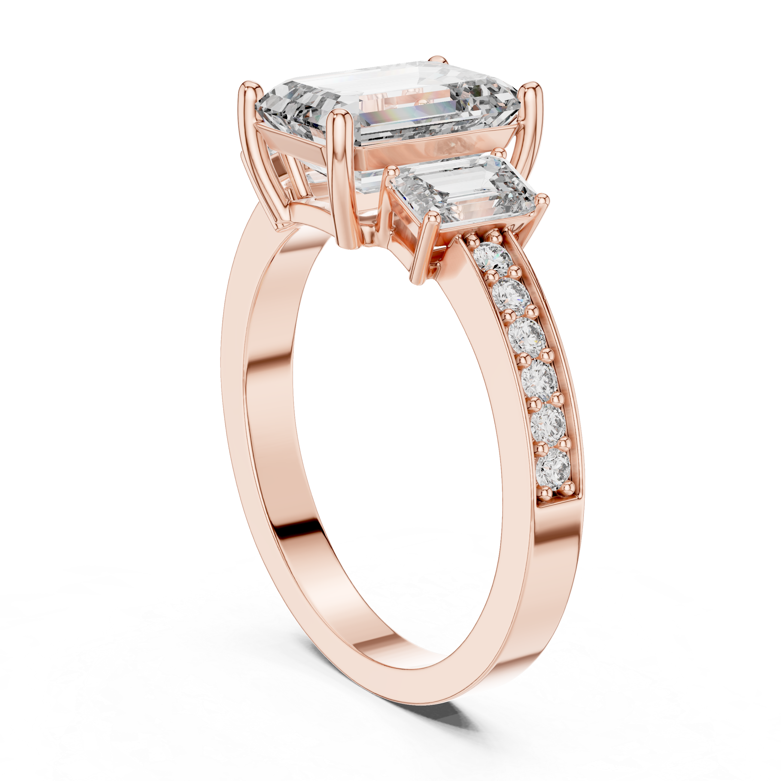Rose gold ring with two large diamonds and smaller diamonds on a white background